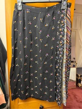 Black Floral Midi Skirt with Multicolor Stripe Panel